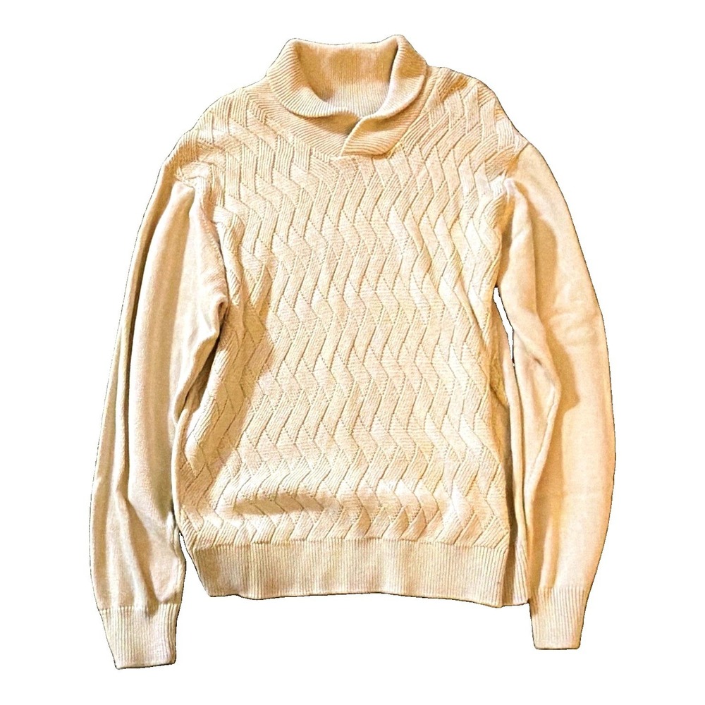 Weatherproof Men's Shawl Collar Cable-Knit Cotton Pullover Sweater Beige L